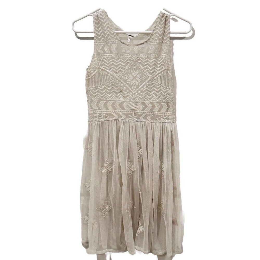 Free People White Geo Embroidered Fit Flare Lace Slip Tunic Dress Size XS
